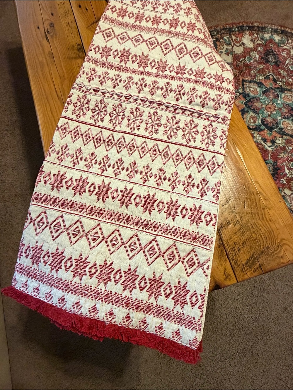 World Market Table Runner, 72” x 13”, Cream with Red Trim, Barely Used - Picture 4 of 8